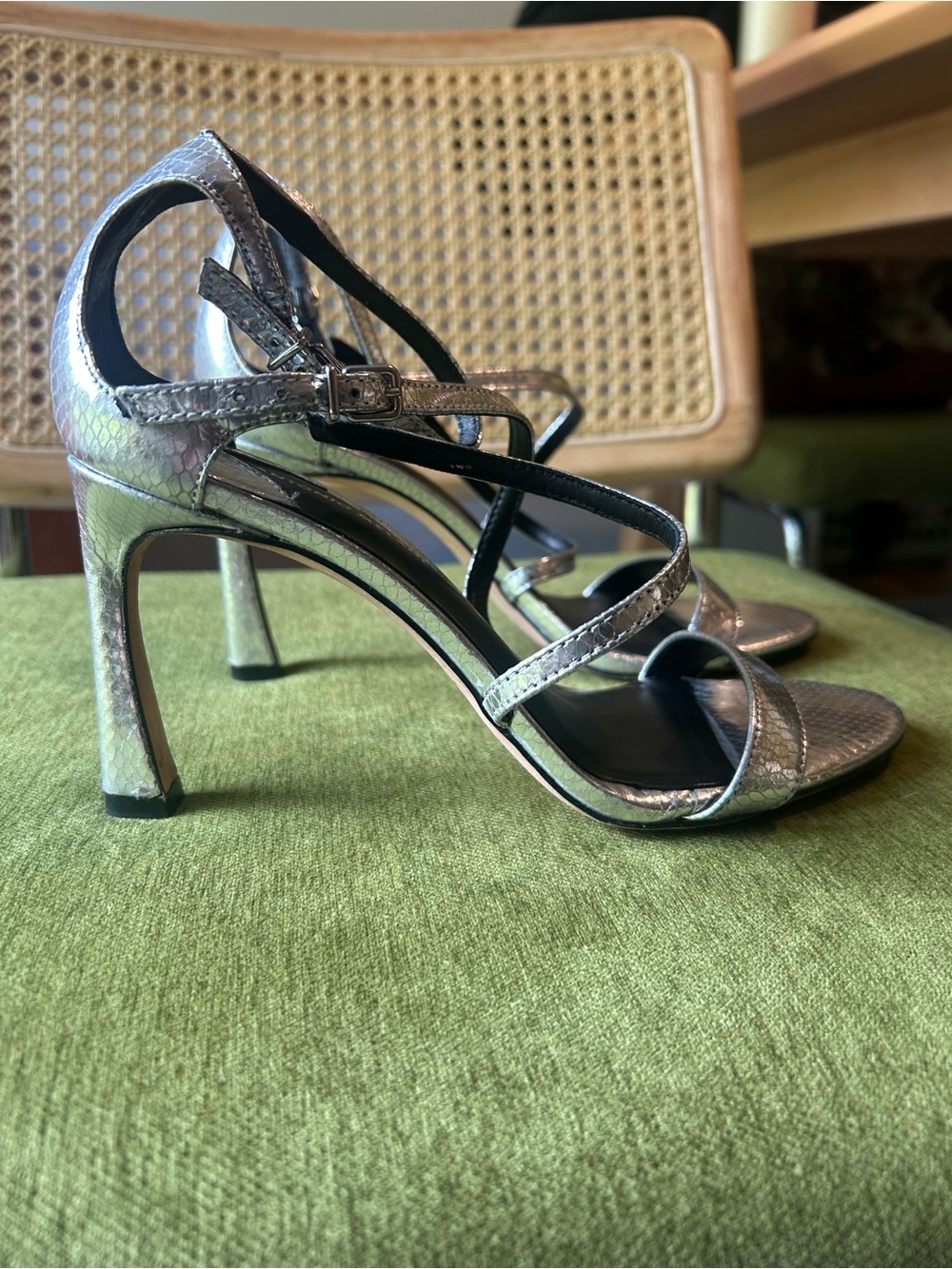 Antonio Melani Metallic Silver Snake Embossed Strappy Heels Size 8.5